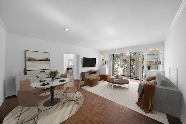 living room with dark parquet floors and ornamental molding