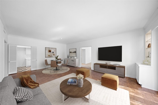 living room featuring parquet floors and ornamental molding