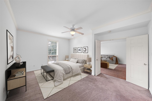 carpeted bedroom featuring ceiling fan and ornamental molding