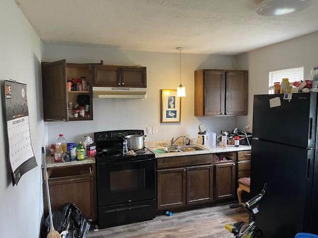 kitchen with black appliances, sink, hanging light fixtures, light hardwood / wood-style flooring, and dark brown cabinets