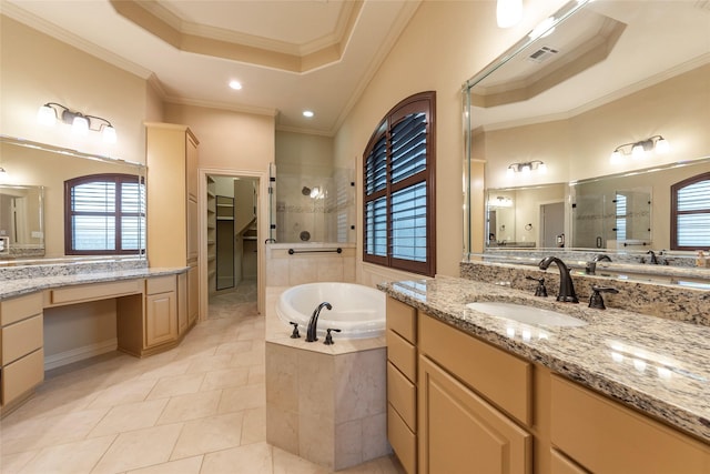 bathroom featuring plenty of natural light, a tray ceiling, vanity, and ornamental molding