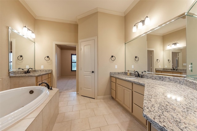 bathroom with tile patterned floors, vanity, and crown molding