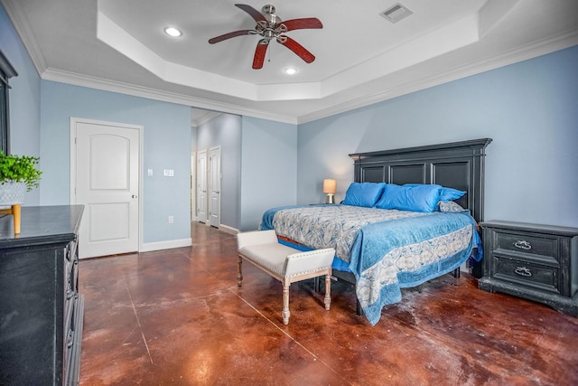 bedroom featuring a raised ceiling, ceiling fan, and crown molding