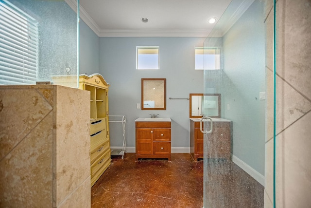 bathroom with vanity and ornamental molding