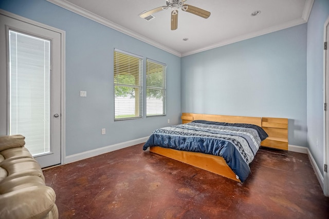 bedroom with ceiling fan and ornamental molding