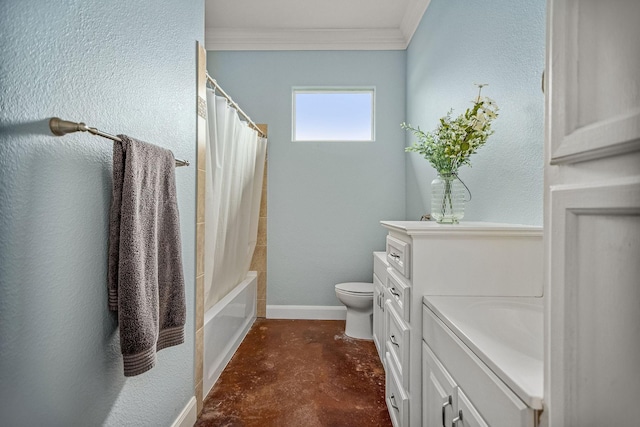 full bathroom featuring crown molding, concrete floors, toilet, shower / tub combo with curtain, and vanity