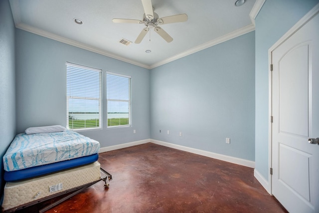 bedroom featuring ceiling fan and ornamental molding