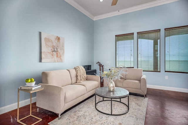 living room featuring concrete floors, ceiling fan, and ornamental molding