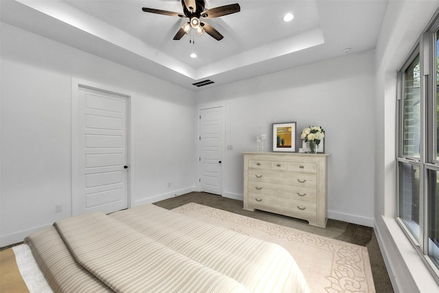 bedroom featuring ceiling fan and a raised ceiling