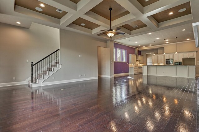 unfurnished living room featuring dark wood-type flooring, ceiling fan, and coffered ceiling