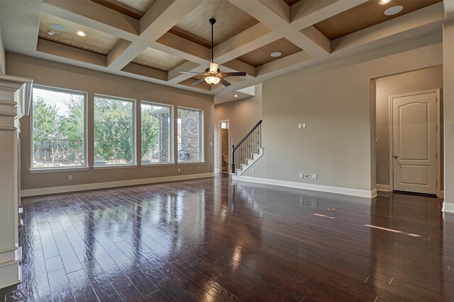 spare room featuring coffered ceiling, dark wood-type flooring, and ceiling fan