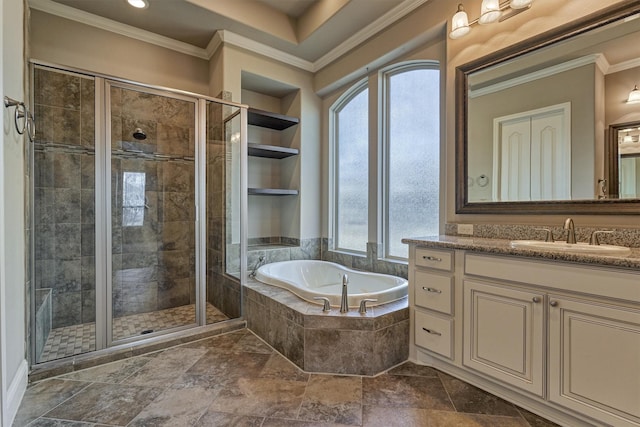 full bath featuring ornamental molding, a stall shower, and a bath