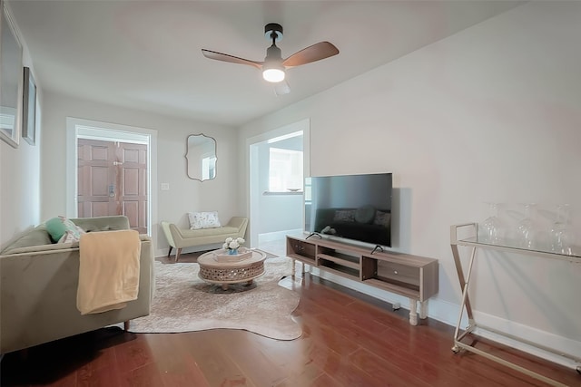 living room featuring ceiling fan and hardwood / wood-style flooring