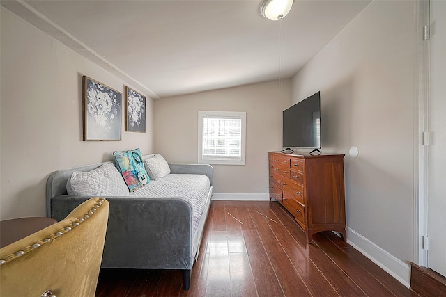 bedroom featuring lofted ceiling and dark wood-type flooring