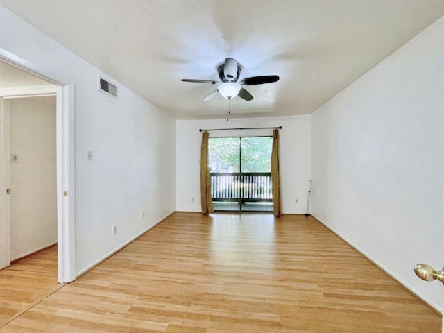 unfurnished room with ceiling fan and light hardwood / wood-style flooring