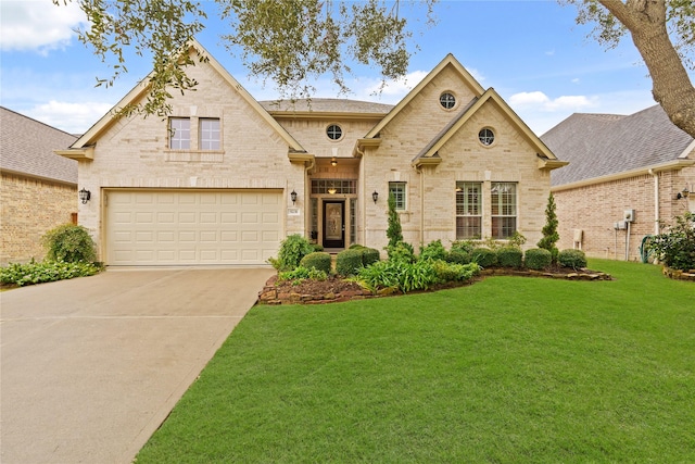 view of front of home featuring a front yard and a garage