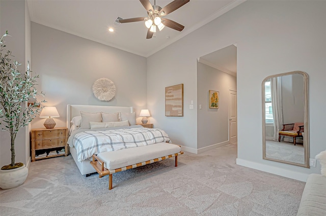 carpeted bedroom featuring lofted ceiling and ceiling fan