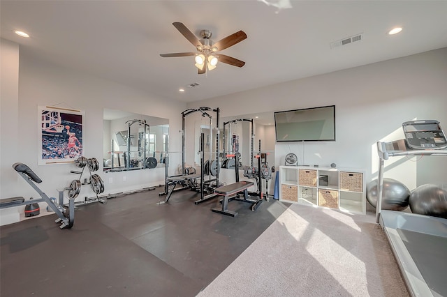 exercise area featuring ceiling fan