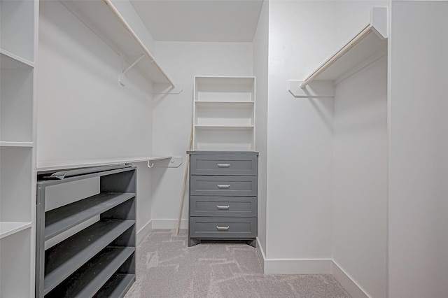 walk in closet with light colored carpet