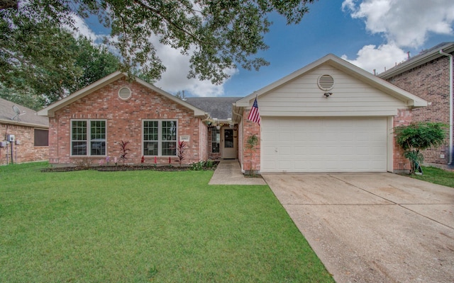 ranch-style house featuring a garage and a front lawn