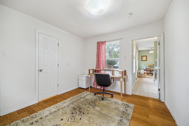 office space with hardwood / wood-style floors and ceiling fan