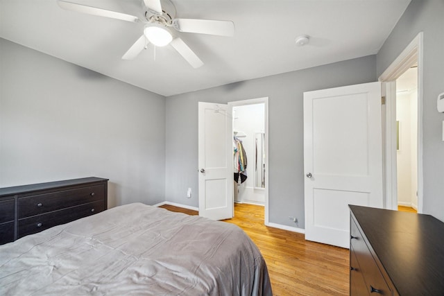 bedroom featuring a closet, light hardwood / wood-style floors, a spacious closet, and ceiling fan