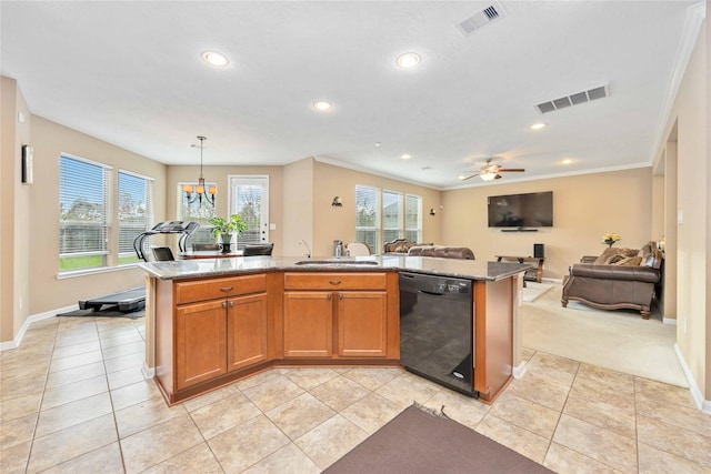 kitchen with ceiling fan, an island with sink, decorative light fixtures, and black dishwasher