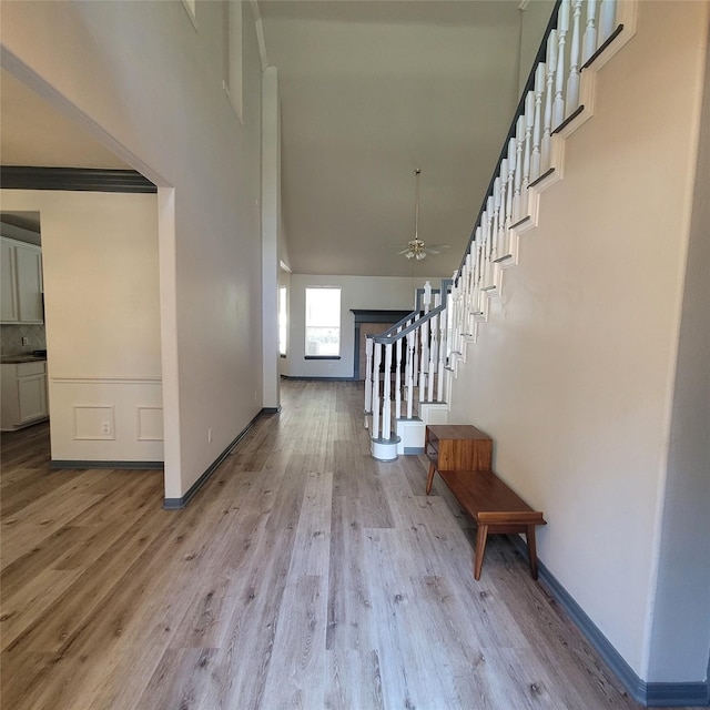 foyer with ceiling fan and light hardwood / wood-style flooring