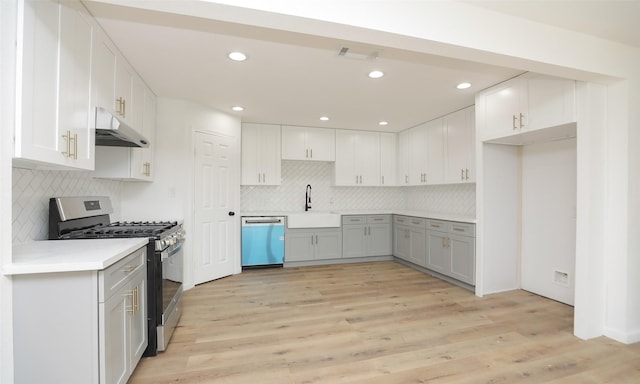 kitchen featuring light hardwood / wood-style floors, white cabinetry, sink, and appliances with stainless steel finishes