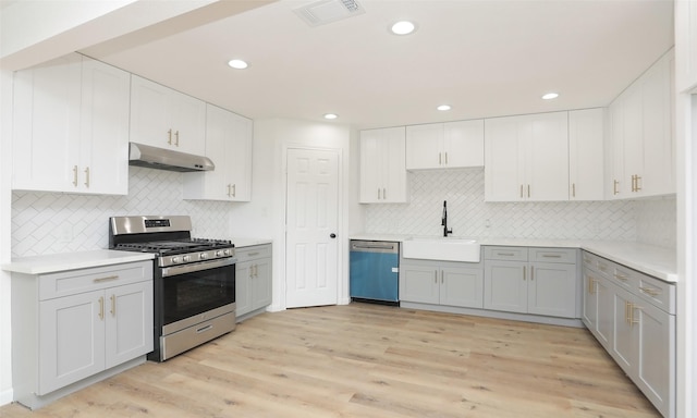 kitchen with white cabinetry, sink, light hardwood / wood-style floors, gray cabinets, and appliances with stainless steel finishes