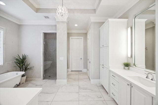 bathroom with vanity, separate shower and tub, crown molding, and a chandelier