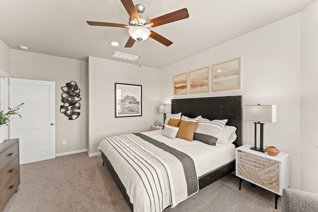 bedroom with ceiling fan and carpet floors