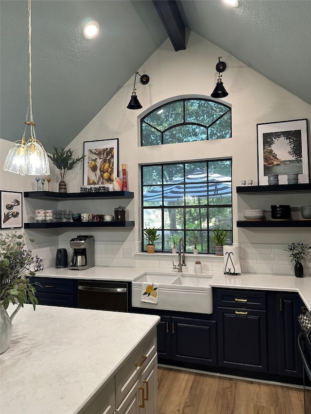 bar with dishwasher, decorative backsplash, light hardwood / wood-style floors, and sink