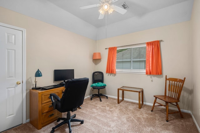 office space featuring ceiling fan, light colored carpet, and vaulted ceiling