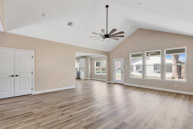 unfurnished living room featuring ceiling fan, light hardwood / wood-style floors, and lofted ceiling