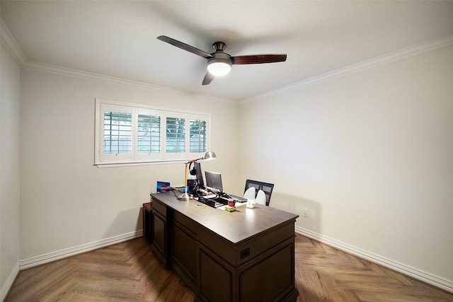 office area with crown molding, light parquet flooring, and ceiling fan