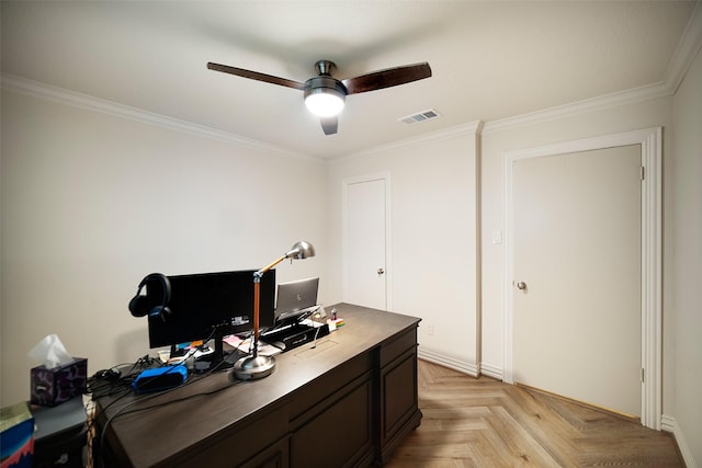 office featuring ceiling fan, crown molding, and light parquet flooring