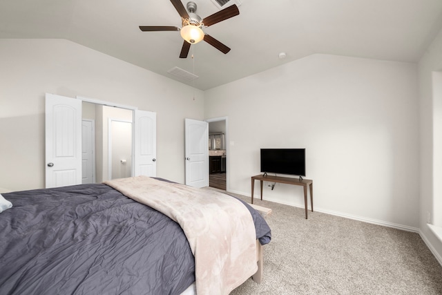 bedroom featuring carpet flooring, ceiling fan, and lofted ceiling