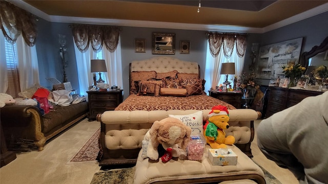 carpeted bedroom with multiple windows and ornamental molding