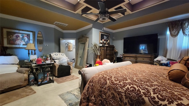 carpeted bedroom with ceiling fan and crown molding