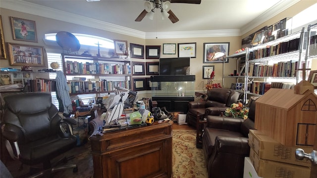 office area featuring ceiling fan and ornamental molding