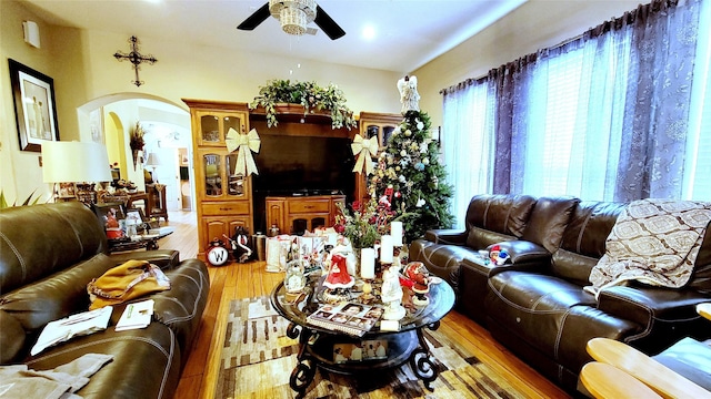 living room with ceiling fan and light wood-type flooring