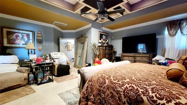 carpeted bedroom featuring crown molding and ceiling fan