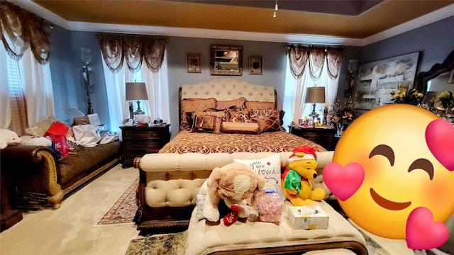 bedroom featuring ornamental molding and carpet