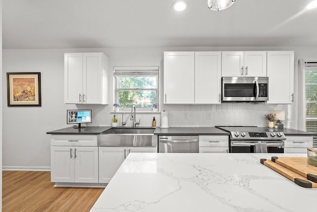 kitchen featuring sink, decorative backsplash, light hardwood / wood-style floors, white cabinetry, and stainless steel appliances