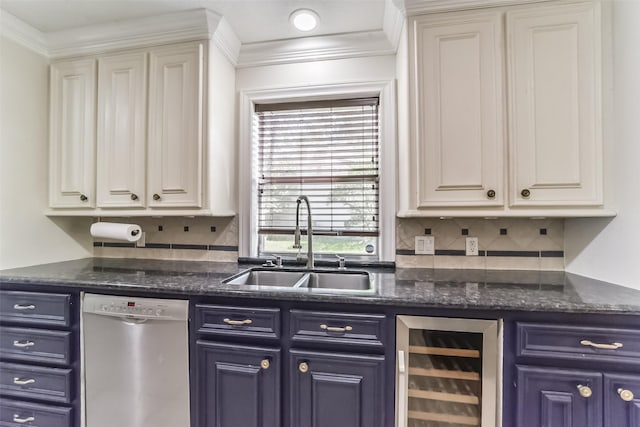 kitchen featuring blue cabinetry, sink, dishwasher, beverage cooler, and white cabinets