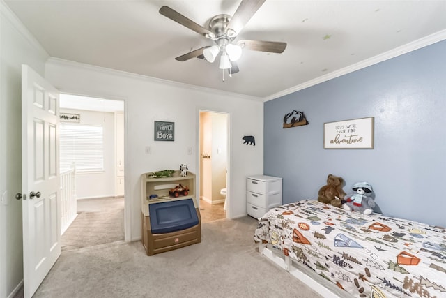 carpeted bedroom with ceiling fan, ornamental molding, and connected bathroom