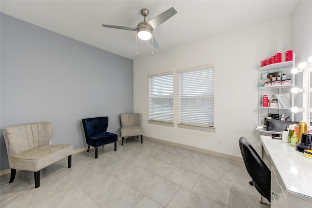 office area featuring ceiling fan and light tile patterned floors