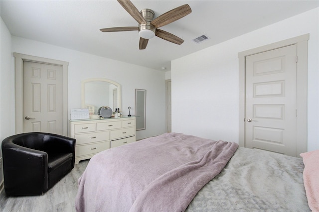 bedroom with ceiling fan and light hardwood / wood-style flooring