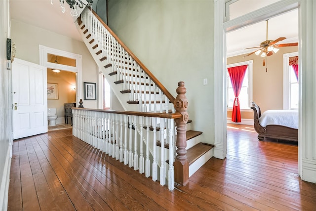 stairs with ceiling fan and hardwood / wood-style flooring